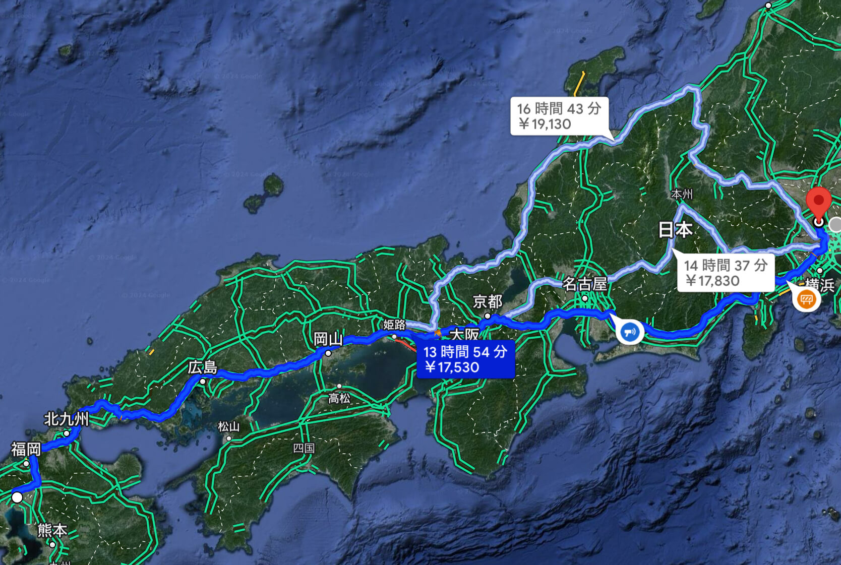 埼玉県から佐賀県までのルートをGoogleマップで表示
